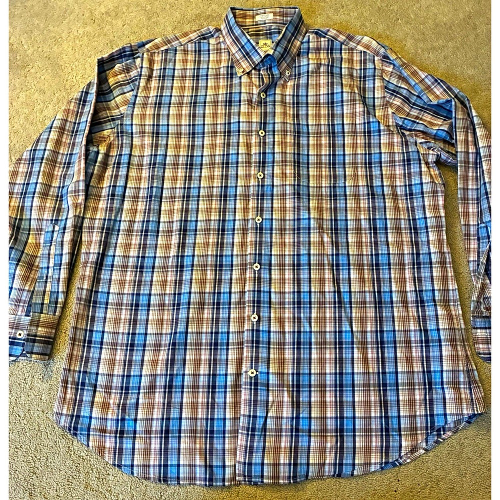 Peter Millar Men's XL Plaid Long Sleeve Button-Down Woven Cotton Shirt Blue